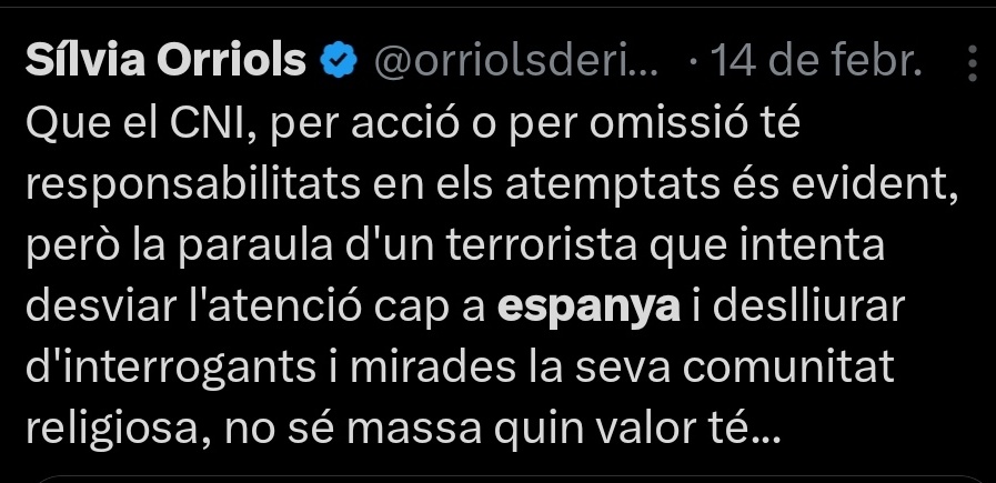 Com més estudio el discurs d'aquesta senyora (reconec la parafília) més em sorprèn com de poc dissimula les seves prioritats. L'enemic de Catalunya no és Espanya, és l'Islam. Perquè la idea no és créixer a la dreta de Junts, sinó a la dreta de VOX.
