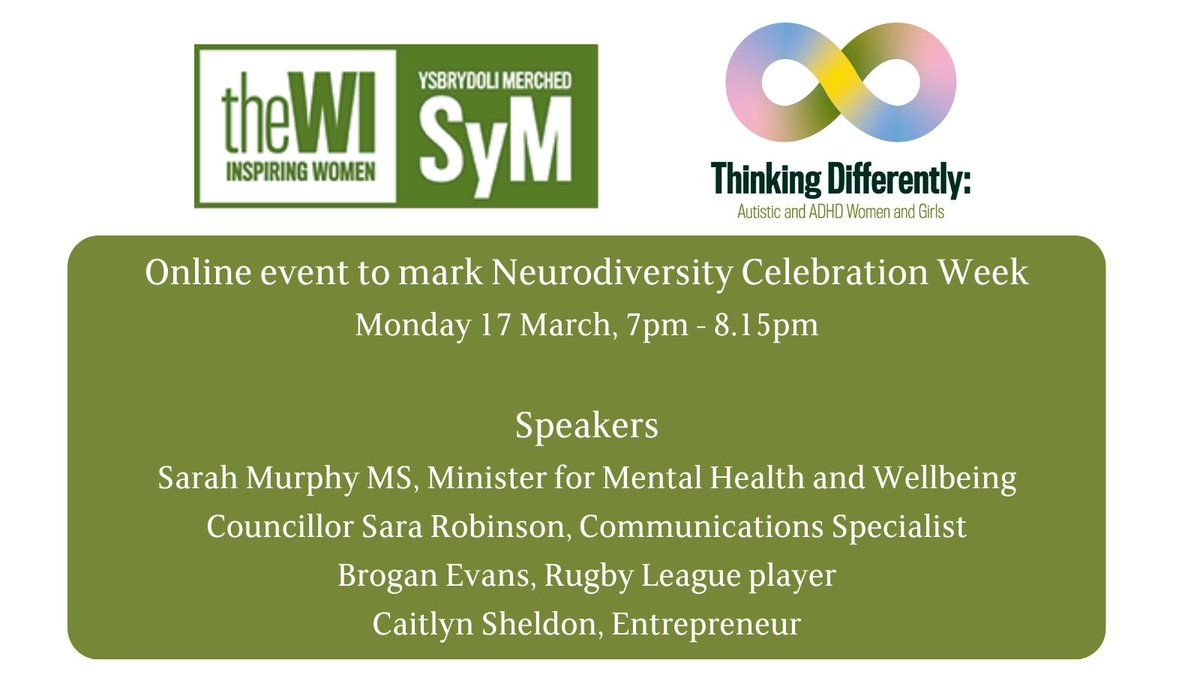 NFWI-Wales (@nfwiwales) on Twitter photo Reminder - Join our online event on 17 March to mark #NeurodiversityCelebrationWeek where we will hear the lived experiences of neurodivergent women.
Find out more and book your place here: thewi.org.uk/wi-in-wales/ne…
<a href="/sarah4bridgend/">Sarah Murphy MS</a> <a href="/SaraRobinson81/">Sara Robinson</a> <a href="/brogevans/">Brogan Evans</a> Reminder - Join our online event on 17 March to mark #NeurodiversityCelebrationWeek where we will hear the lived experiences of neurodivergent women.
Find out more and book your place here: thewi.org.uk/wi-in-wales/ne…
<a href="/sarah4bridgend/">Sarah Murphy MS</a> <a href="/SaraRobinson81/">Sara Robinson</a> <a href="/brogevans/">Brogan Evans</a>