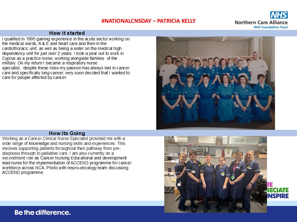 @NCA LEAD CANCER NURSES (@ncacancernurses) on Twitter photo In celebration of #NationalCancerCNSDay see how Patricia Kelly Lung Cancer CNS started her career and where she is now. <a href="/NCACareersNHS/">Careers at Northern Care Alliance NHS FT</a> <a href="/NCAlliance_NHS/">Northern Care Alliance NHS Foundation Trust (NCA)</a> <a href="/GM_Cancer/">Greater Manchester Cancer Alliance</a> <a href="/rogprudham/">Roger Prudham (also bluesky)</a> <a href="/lung_doc_/">Dr Seamus Grundy</a> In celebration of #NationalCancerCNSDay see how Patricia Kelly Lung Cancer CNS started her career and where she is now. <a href="/NCACareersNHS/">Careers at Northern Care Alliance NHS FT</a> <a href="/NCAlliance_NHS/">Northern Care Alliance NHS Foundation Trust (NCA)</a> <a href="/GM_Cancer/">Greater Manchester Cancer Alliance</a> <a href="/rogprudham/">Roger Prudham (also bluesky)</a> <a href="/lung_doc_/">Dr Seamus Grundy</a>