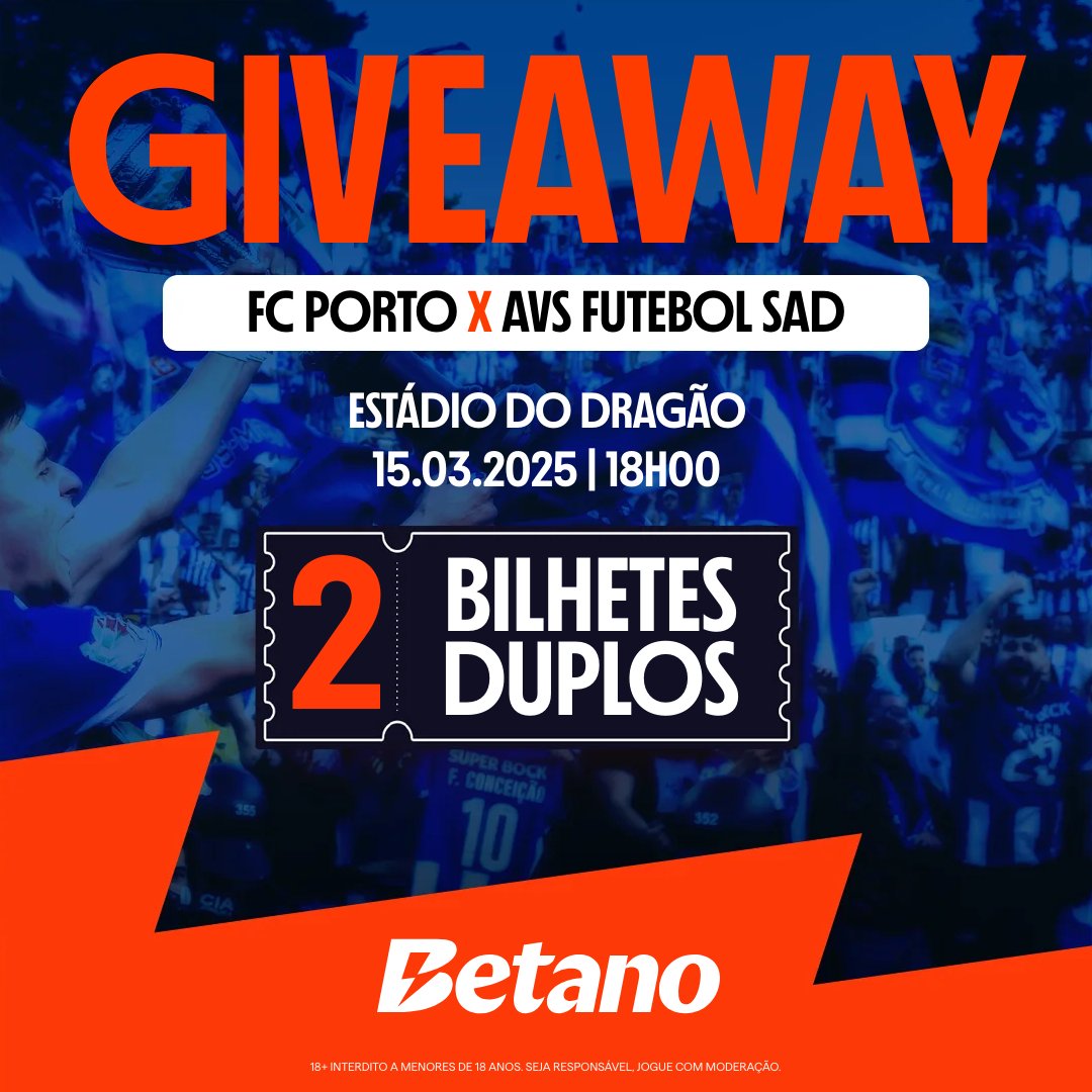 🚨 𝗙𝗟𝗔𝗦𝗛 𝗚𝗜𝗩𝗘𝗔𝗪𝗔𝗬! 🚨

𝟮 𝘽𝙞𝙡𝙝𝙚𝙩𝙚𝙨 𝘿𝙪𝙥𝙡𝙤𝙨 para o #FCPorto 🆚 AVS Futebol SAD! 💙🐉

Requisitos:
1️⃣ Seguir a <a href="/Betano_PT/">Betano Portugal 🔞</a> e a <a href="/DragaoNews1893/">Dragão News 🇸🇻</a>
2️⃣ Retweet
3️⃣ Identificar um amigo

⚠️ Os vencedores serão anunciados hoje (14 de Março), às 17h! ESTEJAM ATENTOS!