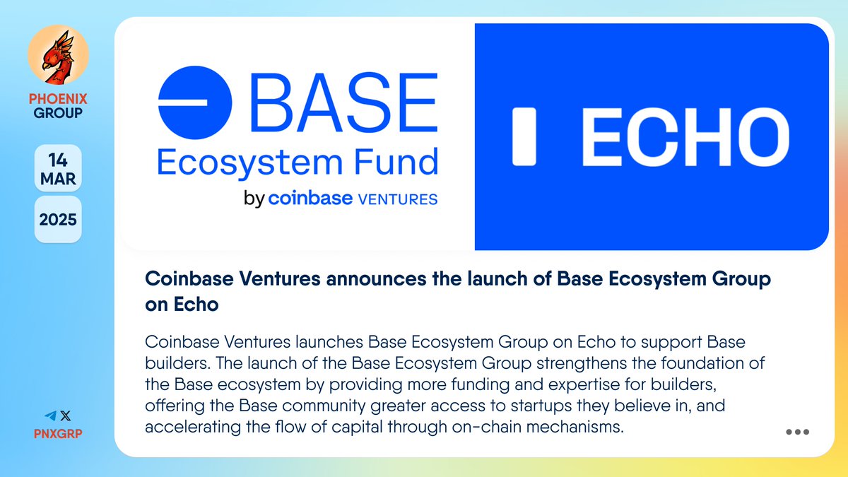 🚀 @Cbventures announces the launch of Base Ecosystem Group on @echodotxyz  #CoinbaseVentures launches #BaseEcosystemGroup on #Echo to support @Base  builders. The launch of the Base Ecosystem Group strengthens the foundation  of the #
