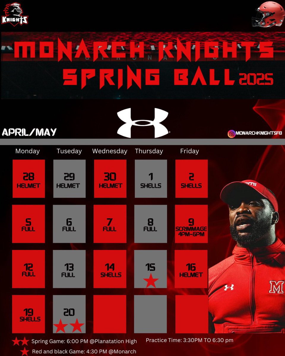 Your Monarch Knights spring schedule is officially out! <a href="/Coach_Davis3/">Coach Davis</a> <a href="/Coach_Mont70/">Roberto Montanez Jr</a> <a href="/CoachPoole954/">Zackery Poole</a> <a href="/JackSwain100/">Russ Swain</a> <a href="/CoachPickett_/">Coach Pickett</a> <a href="/ConroyWhyte/">Conroy Whyte</a> <a href="/CoachQ954/">Coach Q</a> <a href="/MattRothman3/">Matty Rothman</a> <a href="/JerryRecruiting/">Rising Stars</a> <a href="/FootballHotbed/">Football Hotbed</a> <a href="/FlaHSFootball/">FloridaHSFootball.com</a> <a href="/NP_Florida/">Chad Jamison</a> <a href="/ChadSimmons_/">ChadSimmons</a> <a href="/JohnGarcia_Jr/">John Garcia, Jr.</a> <a href="/LawrenceBl83397/">New Blustein Recruiting</a>