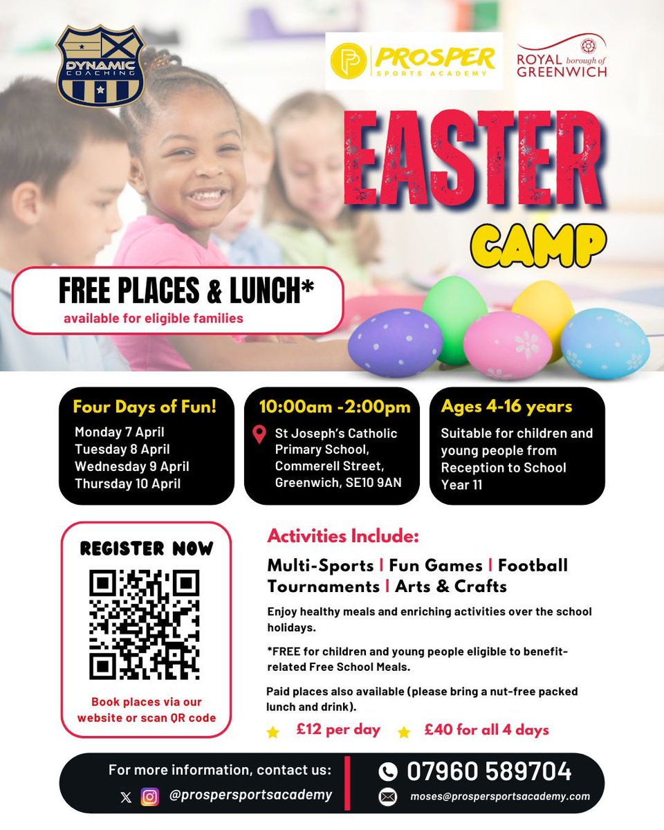 🚨 Greenwich Holiday Camp – Book Now! 🚨

🏫 <a href="/StJosephsSE10/">St. Joseph's Catholic Primary School</a>  
⚽ With <a href="/Prospersports_/">Prosper Sports Academy</a>
📅 4 days over Easter
🎟 FREE for kids on benefit-related Free School Meals

🔗 Sign up now! 👉 buff.ly/YtLfmKF 

#EasterCamp #FreeSchoolMeals #Greenwich
