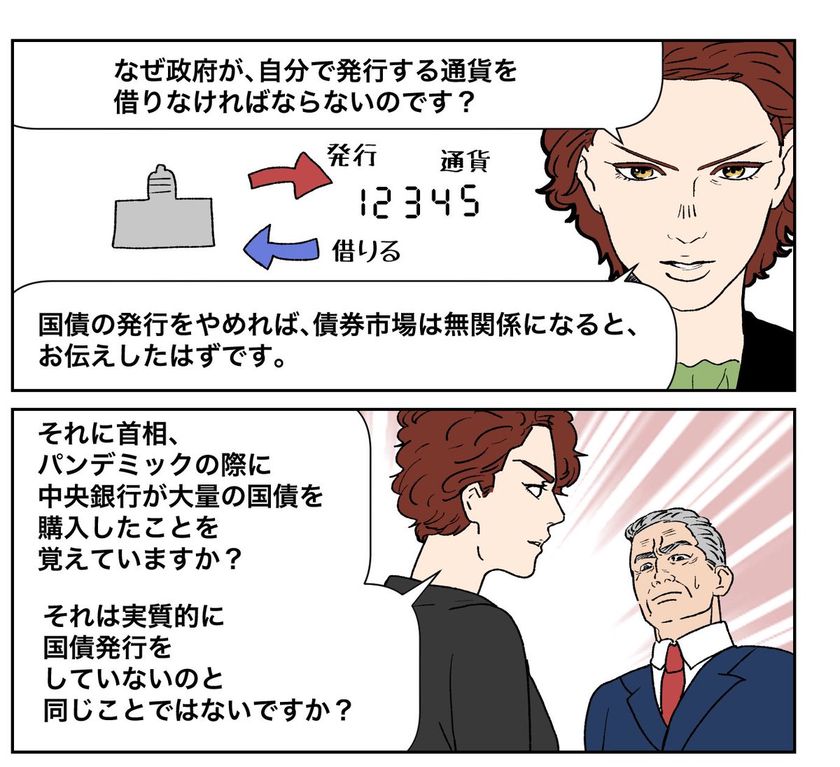 国債発行して中央銀行が大量に買うみたいなことするなら、そもそも国債発行しなくていいんじゃないかと🙄
順番として政府支出→国債発行なのでいらないプロセスなのですな
#スミス一家とお金の冒険