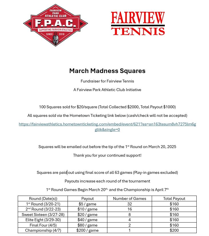 FPWarriorTennis's tweet photo. Only 5 Days Left!  

Half the board is still available. Get your square(s) today and help support the Girls' and Boys' Tennis Teams! Thank you to all who have already purchased!

Purchase squares here:
https://t.co/s2ergDcStN

@FPACSports @FPWarriorSports @FPSchools https://t.co/GH94W4mUUp