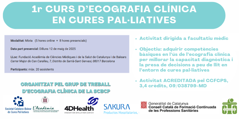 Cures Pal·liatives - SCBCP (@scbcpal) on Twitter photo ‼️‼️📢 La <a href="/SCBCPal/">Cures Pal·liatives - SCBCP</a> organitza la 1ª edició del curs:
VALORACIÓ ECOGRÀFICA CLÍNICA EN CURES PAL·LIATIVES.
Dilluns 17 de març s'obriran les inscripcions mitjançant l'enllaç inscripcions.academia.cat/form.php?id=29…. Preu reduït per a socis: 150,00€.
Places limitades, per ordre d'inscripció ‼️‼️📢 La <a href="/SCBCPal/">Cures Pal·liatives - SCBCP</a> organitza la 1ª edició del curs:
VALORACIÓ ECOGRÀFICA CLÍNICA EN CURES PAL·LIATIVES.
Dilluns 17 de març s'obriran les inscripcions mitjançant l'enllaç inscripcions.academia.cat/form.php?id=29…. Preu reduït per a socis: 150,00€.
Places limitades, per ordre d'inscripció