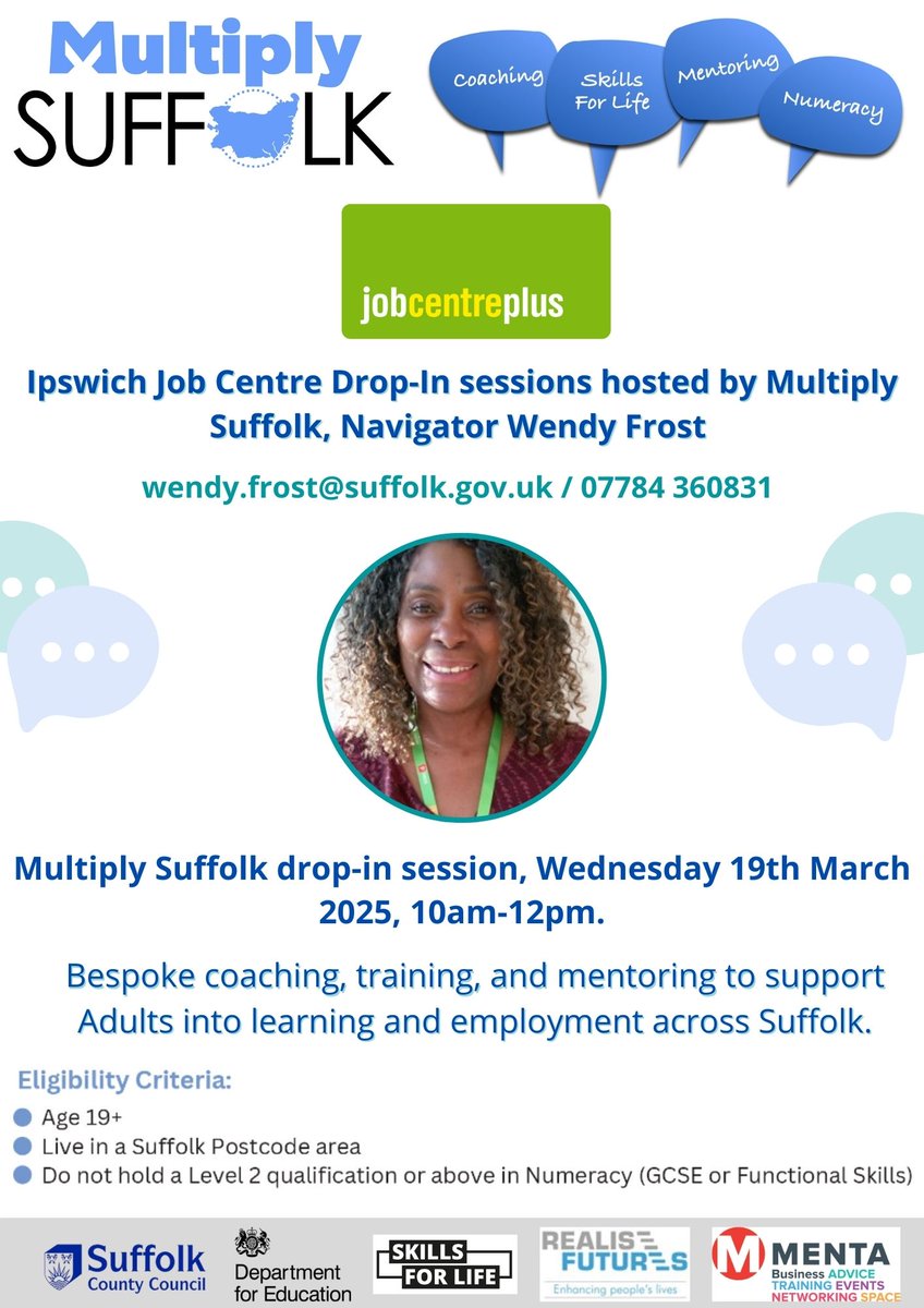 Multiply Suffolk (@multiplysuffolk) on Twitter photo Wendy will be at the Ipswich Job Centre, 10am-12pm, speaking to customers who would like to gain support with money management, budgeting and job-related numeracy. Speak to your work coach to find out more! #Multiply #MultiplySuffolk #SkillsforLife
<a href="/DWP_EastAnglia/">JCP East Anglia DM</a> Wendy will be at the Ipswich Job Centre, 10am-12pm, speaking to customers who would like to gain support with money management, budgeting and job-related numeracy. Speak to your work coach to find out more! #Multiply #MultiplySuffolk #SkillsforLife
<a href="/DWP_EastAnglia/">JCP East Anglia DM</a>