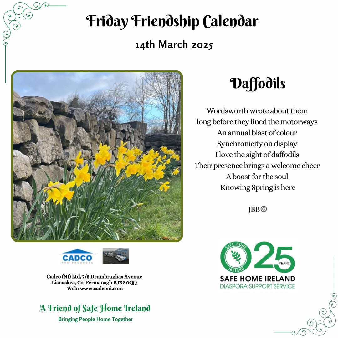 Safehomeireland's tweet photo. Happy Friday and long weekend ahead 💚 ☘️
Thank you to Cadco, our Calendar sponsor this week, and to John Broderick for the image and poetry!
Please like and share 💚
#25in25 #FridayFriendship #SafeHomeConnects https://t.co/L7rJGkFG5p