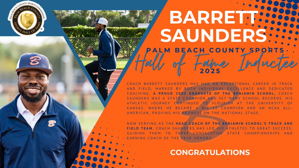 Benjamin School Athletics (@tbsathletics1) on Twitter photo This weekend <a href="/CoachBSaun/">Barrett Saunders</a> will be inducted into the Palm Beach County Sports Hall of Fame! Please help us in congratulating Coach Saunders on this remarkable milestone in his track and field career.
<a href="/pbsportsfl/">Palm Beach County Sports Commission</a> <a href="/pbphighschools/">Post on High Schools</a> This weekend <a href="/CoachBSaun/">Barrett Saunders</a> will be inducted into the Palm Beach County Sports Hall of Fame! Please help us in congratulating Coach Saunders on this remarkable milestone in his track and field career.
<a href="/pbsportsfl/">Palm Beach County Sports Commission</a> <a href="/pbphighschools/">Post on High Schools</a>
