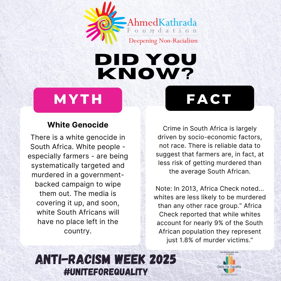 Campaign On Digital Ethics (@code_digiethics) on Twitter photo :π¨ MYTH vs FACT π¨
β Myth: There's a "white genocide" in South Africa.
β
Fact: Crime is driven by socio-economic factors, not race. Farmers are at less risk of murder than the average citizen.
Letβs fight disinformation!
<a href="/KathradaFound/">Kathrada Foundation</a> #UniteForEquality #AntiRacismWeek2025 :π¨ MYTH vs FACT π¨
β Myth: There's a "white genocide" in South Africa.
β
Fact: Crime is driven by socio-economic factors, not race. Farmers are at less risk of murder than the average citizen.
Letβs fight disinformation!
<a href="/KathradaFound/">Kathrada Foundation</a> #UniteForEquality #AntiRacismWeek2025