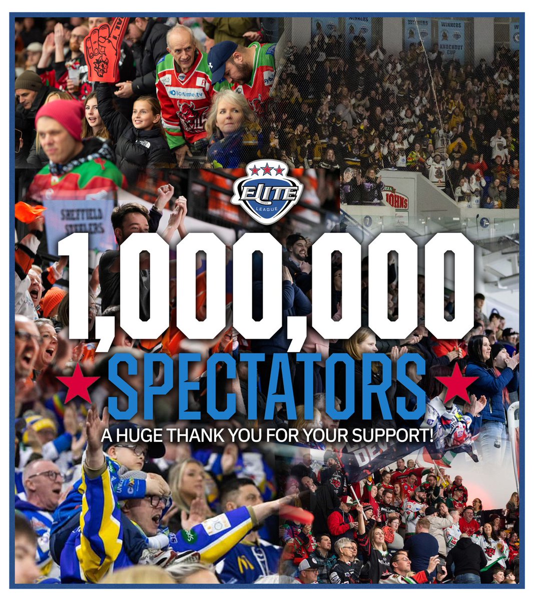 officialEIHL's tweet photo. ONE MILLION! | #EIHL 

For the fourth time in its history, and third in a row, over 1,000,000 fans have attended EIHL games in a single season 🙌

Thank you for all of your support 🫶

📰 https://t.co/tvzNKUaMHL https://t.co/Ra0W7xGsBr