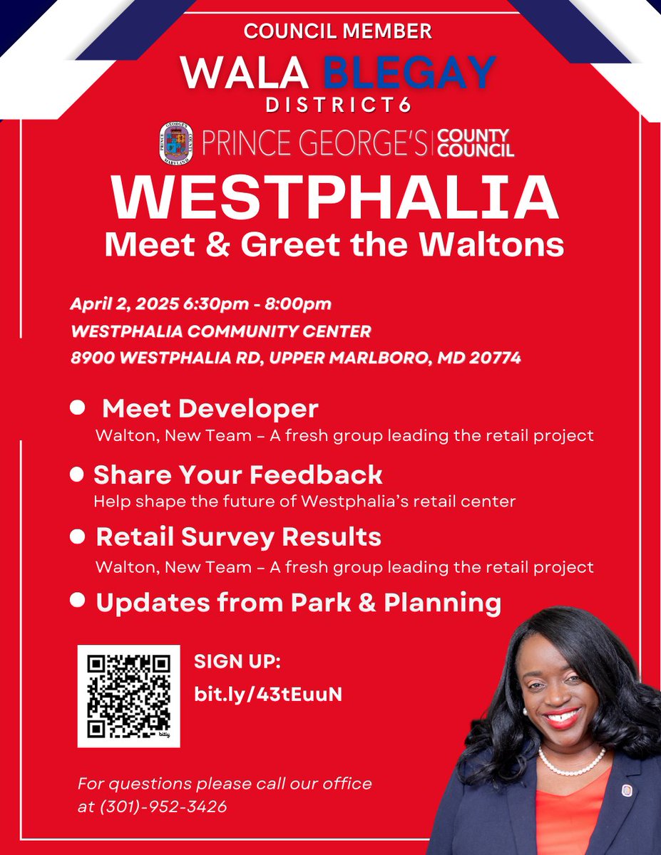 Let's move forward with Westphalia! 
Westphalia Community Meeting on Retail Development
Sign up: bit.ly/43tEuuN