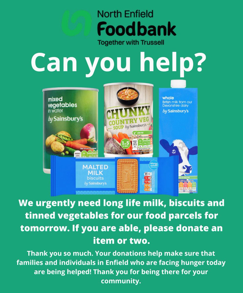 LoveUrdoorstep's tweet photo. Can you help @FoodbankEnfield ensure that families and individuals have essential items in their food parcels tomorrow?
They need long life milk and vegetable soup- both essential items in our food parcels.
#enfield #helpingcommunity #enfieldtown #enfieldlondon #edmontongreen https://t.co/bQfpX9LL3g