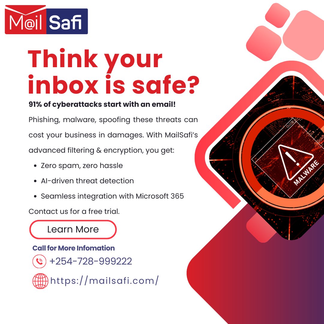 _MailSafi's tweet photo. 🚨 Your Inbox is a Goldmine for Hackers! MailSafi stops threats before they reach you!
✨Zero spam. Zero stress.
🛡️Threat detection.
🔗Seamless Microsoft 365 integration.
Think your inbox is safe? Let’s find out. Try MailSafi today!
📞Call:0728999222
#EmailSecurity Ruto https://t.co/T3KErXZ7GY