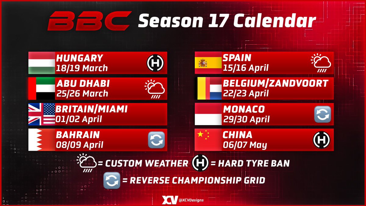 BungaBungaF1's tweet image. Your season 17 Teams and calendar! 

We can’t wait for an unbelievable season with such a great and different calendar! 

We start up all over again next week in the season opener in Hungary 🇭🇺! 

#WeAreBunga❤️