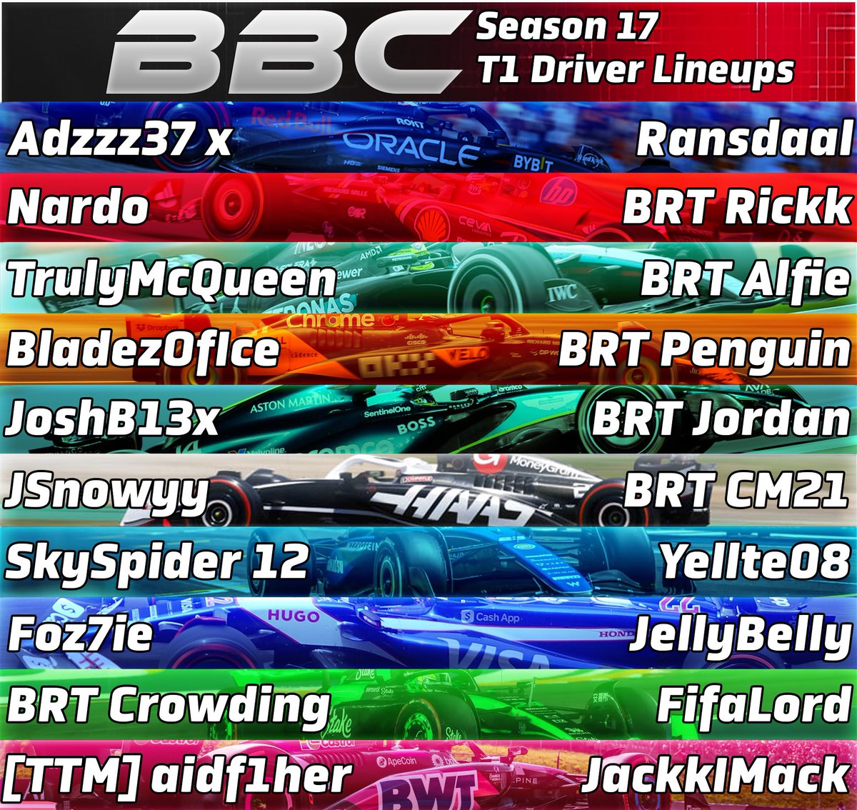 BungaBungaF1's tweet image. Your season 17 Teams and calendar! 

We can’t wait for an unbelievable season with such a great and different calendar! 

We start up all over again next week in the season opener in Hungary 🇭🇺! 

#WeAreBunga❤️