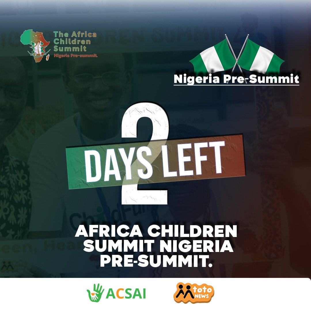 acsainigeria (@acsainigeria) on Twitter photo Only 2 Days Left!
<a href="/MtotoNews/">Mtoto News</a>
Register now: bit.ly/acs2025nigeria…
Hosted by ACSAI, Toto News & The Africa Children Summit
#ACS2025NigeriaPreSummit #ChildrenAtTheCenter #FutureLeaders #ChildRights #ACS2025 Only 2 Days Left!
<a href="/MtotoNews/">Mtoto News</a>
Register now: bit.ly/acs2025nigeria…
Hosted by ACSAI, Toto News & The Africa Children Summit
#ACS2025NigeriaPreSummit #ChildrenAtTheCenter #FutureLeaders #ChildRights #ACS2025