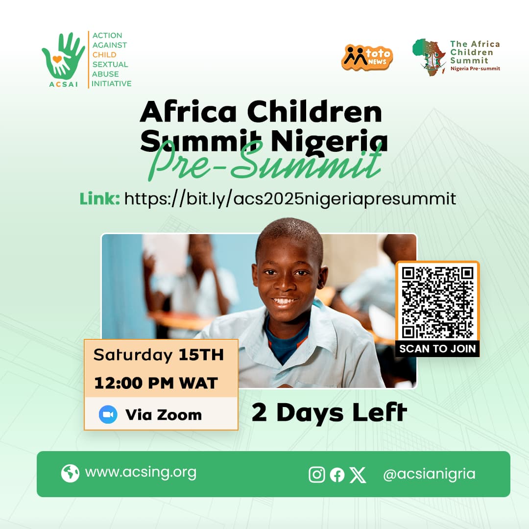 acsainigeria (@acsainigeria) on Twitter photo 🚨 Only 2 Days Left! 🚨
<a href="/MtotoNews/">Mtoto News</a>
Register now: bit.ly/acs2025nigeria…
Hosted by ACSAI, Toto News & The Africa Children Summit
#ACS2025NigeriaPreSummit #ChildrenAtTheCenter #FutureLeaders #ChildRights #ACS2025 🚨 Only 2 Days Left! 🚨
<a href="/MtotoNews/">Mtoto News</a>
Register now: bit.ly/acs2025nigeria…
Hosted by ACSAI, Toto News & The Africa Children Summit
#ACS2025NigeriaPreSummit #ChildrenAtTheCenter #FutureLeaders #ChildRights #ACS2025