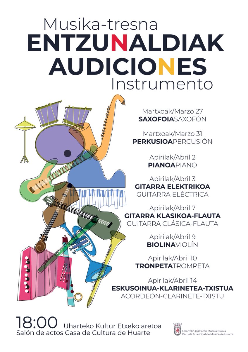 🎼 MUSIKA-HIZKUNTZAKO ENTZUNALDIAK. Martxoaren 19tik 26ra.
🎶MUSIKA-TRESNAKO ENTZUNALDIAK: Martxoaren 27tik apirilaren 14ra
----
🎼AUDICIONES DE LENGUAJE MUSICAL. Del 19 al 26 de marzo.
🎶 AUDICIONES DE INSTRUMENTOS MUSICALES. Del 27 de marzo al 14 de abril.

<a href="/Uharteko_Udala/">Ayuntamiento Huarte</a>