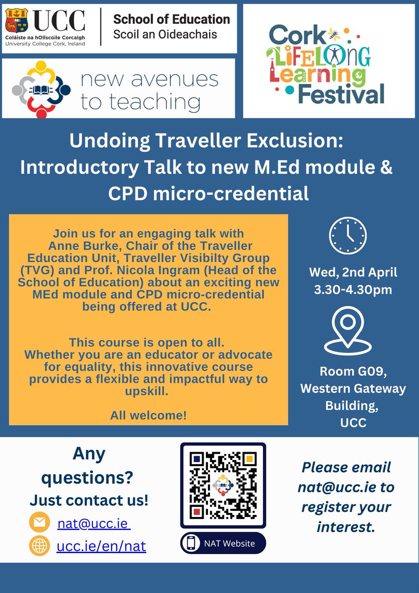 New Avenues to Teaching (@nat_ucc) on Twitter photo ๐ข๐All welcome to join us on 2nd April for an introductory talk about a new exciting MEd module & CPD micro-credential opportunity <a href="/UCCSchoolofEd/">UCC School of Education</a> <a href="/Access_UCC/">Access UCC</a> <a href="/corklearning/">Cork Learning City</a> <a href="/learning_fest/">Cork Lifelong Learning Festival</a> <a href="/tvgcorkclg/">Traveller Visibility Group Cork</a> ๐ข๐All welcome to join us on 2nd April for an introductory talk about a new exciting MEd module & CPD micro-credential opportunity <a href="/UCCSchoolofEd/">UCC School of Education</a> <a href="/Access_UCC/">Access UCC</a> <a href="/corklearning/">Cork Learning City</a> <a href="/learning_fest/">Cork Lifelong Learning Festival</a> <a href="/tvgcorkclg/">Traveller Visibility Group Cork</a>