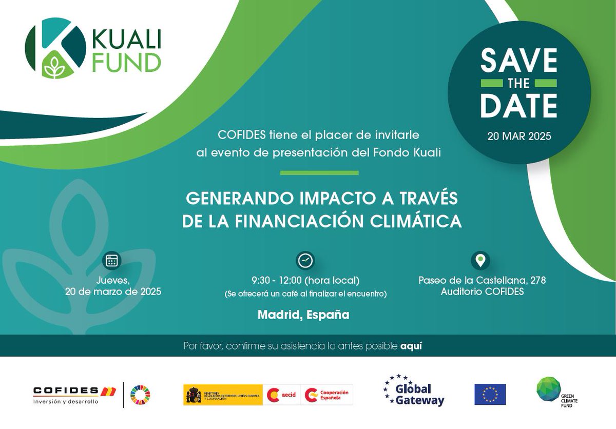 🟢 Presentación Fondo Kuali 🟢
La financiación climática y el Fondo Kuali, pionero en mitigación y adaptación climática, serán protagonistas de este encuentro con representantes del Fondo Verde para el Clima, la UE, <a href="/AECID_es/">AECID</a>, <a href="/GAWACapital/">GAWA Capital</a> e iCapital.

👉 bit.ly/3Dta5lZ