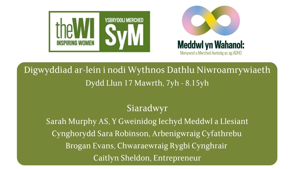NFWI-Wales (@nfwiwales) on Twitter photo Nodyn atgoffa - Ymunwch â’n digwyddiad ar-lein ar 17 Mawrth i nodi Wythnos Dathlu Niwroamrywiaeth lle bydd menywod niwrowahanol yn rhannu eu profiadau byw.
Darganfyddwch fwy a bwciwch eich lle: thewi.org.uk/wi-in-wales/ne…
<a href="/sarah4bridgend/">Sarah Murphy MS</a> <a href="/SaraRobinson81/">Sara Robinson</a> <a href="/brogevans/">Brogan Evans</a> Nodyn atgoffa - Ymunwch â’n digwyddiad ar-lein ar 17 Mawrth i nodi Wythnos Dathlu Niwroamrywiaeth lle bydd menywod niwrowahanol yn rhannu eu profiadau byw.
Darganfyddwch fwy a bwciwch eich lle: thewi.org.uk/wi-in-wales/ne…
<a href="/sarah4bridgend/">Sarah Murphy MS</a> <a href="/SaraRobinson81/">Sara Robinson</a> <a href="/brogevans/">Brogan Evans</a>