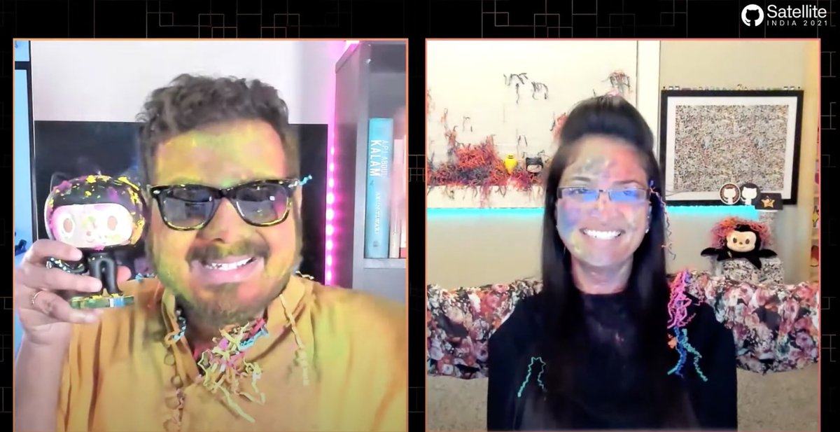 Happy Holi! 🎨🎉 Throwing it back to 2021 when <a href="/anishapindoria/">Anisha Pindoria</a> and I hosted GitHub Satellite India - and even celebrated Holi virtually!💻 Mona joined the fun too! 😄✨