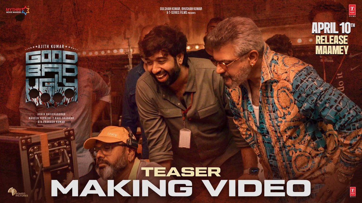 Adhik Ravichandran (@adhikravi) on Twitter photo Each day working with #Ajith Sir was unforgettable. Have made memories for life , here is the BTS of #GoodBadUglyTeaser ❤️🔥
▶️ youtu.be/pg-vWl16xOA
First single #OGSambavam from March 18th.
A <a href="/gvprakash/">G.V.Prakash Kumar</a> Musical❤️🙏🏻 <a href="/trishtrashers/">Trish</a> mam <a href="/MythriOfficial/">Mythri Movie Makers</a> <a href="/SureshChandraa/">Suresh Chandra</a> sir Each day working with #Ajith Sir was unforgettable. Have made memories for life , here is the BTS of #GoodBadUglyTeaser ❤️🔥
▶️ youtu.be/pg-vWl16xOA
First single #OGSambavam from March 18th.
A <a href="/gvprakash/">G.V.Prakash Kumar</a> Musical❤️🙏🏻 <a href="/trishtrashers/">Trish</a> mam <a href="/MythriOfficial/">Mythri Movie Makers</a> <a href="/SureshChandraa/">Suresh Chandra</a> sir