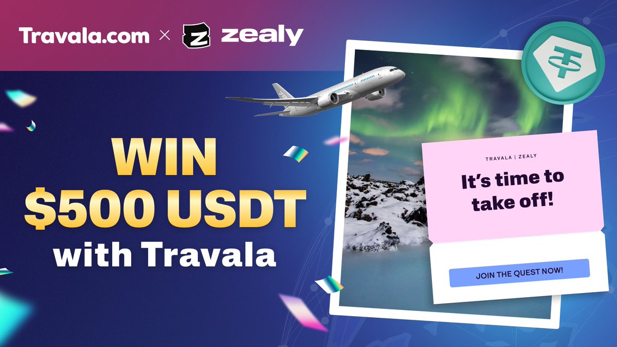 travalacom's tweet photo. It’s time to TAKE OFF with Travala! ✈️ Big prizes are up for grabs! 🏆

The new @zealy_io Sprint is here! Complete quests, earn rewards, and climb the leaderboard! 

Join now: https://t.co/Lv66DA23S9 https://t.co/UDoP2fMQpT
