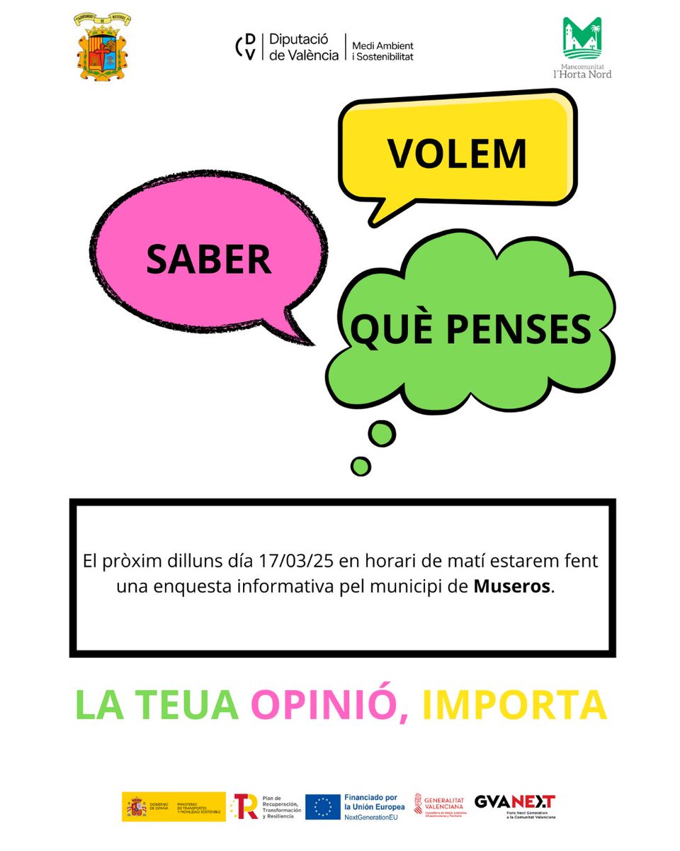 🟢 Dilluns, 17 de març, l'equip d'Educació Ambiental de la Mancomunitat l'Horta Nord estarà al matí al nostre municipi fent una enquesta informativa sobre medi ambient.