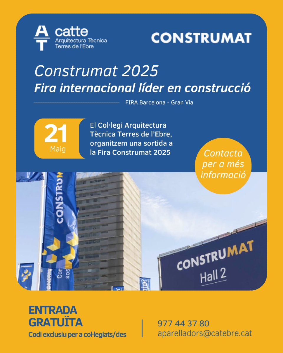 🗓️ Del 20 al 22 de maig 🏗️ Fira Construmat 2025, líder en construcció <a href="/construmat/">construmat</a>.bcn 📍<a href="/firadebarcelona/">Fira de Barcelona</a>

📌 Acreditació online oberta: construmat.com/acreditacion/

Contacta: aparelladors@catebre.cat / 977 44 37 80

#CATTE #ArquitecturaTècnica #TerresdelEbre #Fires #Construmat2025