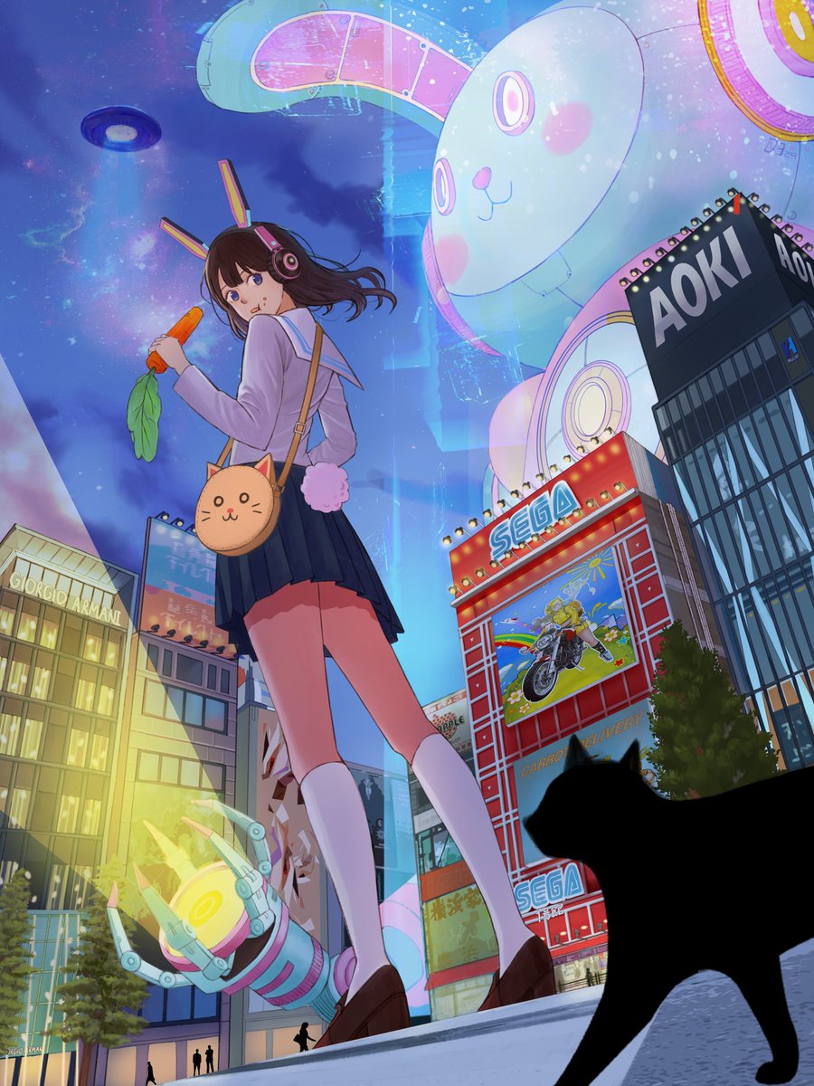 A girl wearing rabbit ears eating carrots.

Photoshop Personal work(without AI)
日本
宇宙人侵攻(兎ロボット)
당근
여고생? 외계인?
지나가는 고양이

透視と背景に大分時間が掛かりました。
今後にはこのようなスタイルはAIより上手く描ける自信がない為、キャラクターに集中します。
