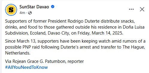 archiekins29's tweet photo. Kaya pala nagtipon-tipon ang mga tao sa labas ng bahay ni FPRRD dahil may bali-balita na magsasagawa ng raid ang kapulisan. ๐ต๐ญ๐๐ Maisug
#BringPRRDHome
#BringPPRDBackToThePh
#WeAreNotFilipinoForNothing
#WeStandWithFPRRD https://t.co/Cju9Gzxfnn
