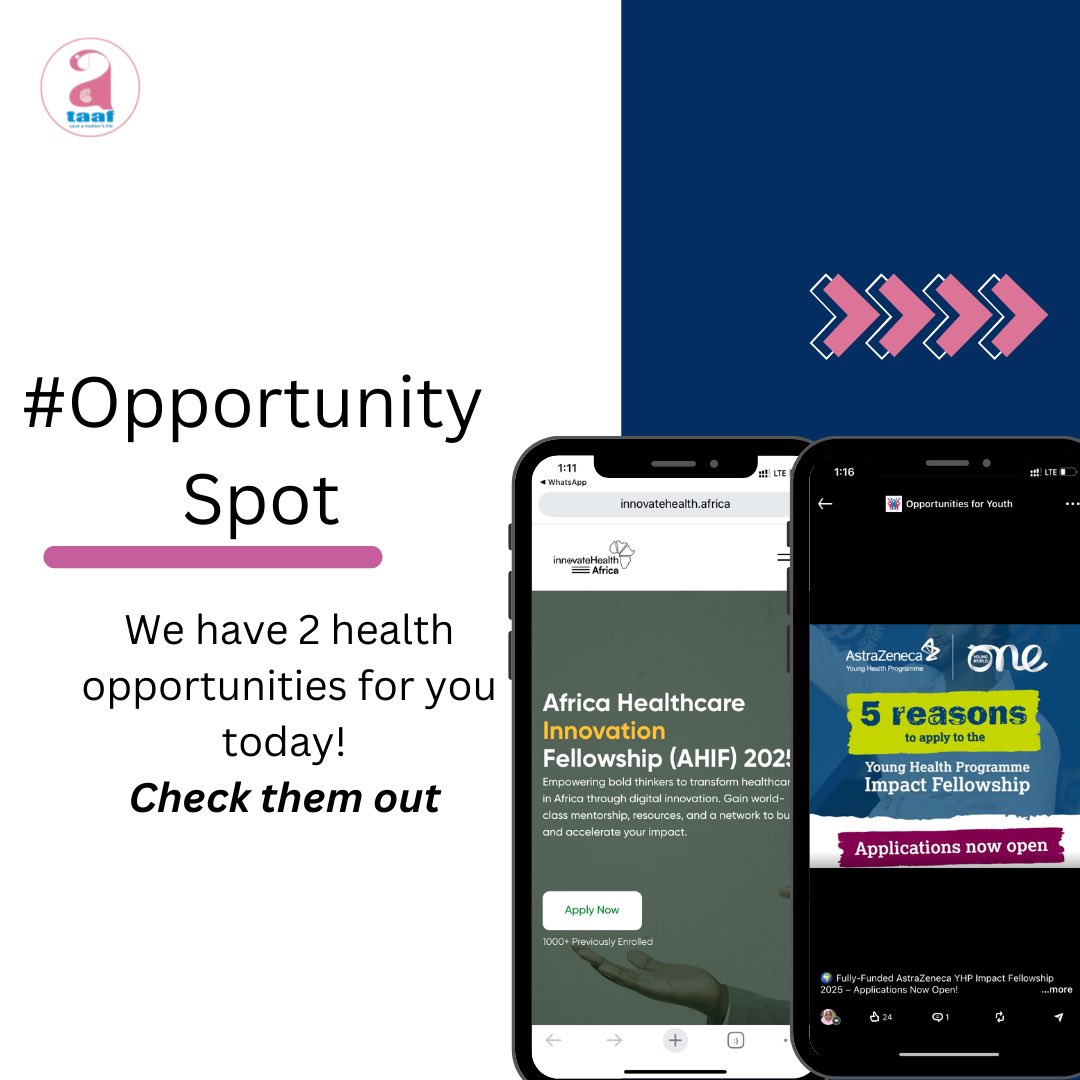 TAAFoundation's tweet photo. It's Opportunity Spot Friday!

1. Africa Health Innovation Fellowship 2025
🖇️https://t.co/PDuef8zNqG

2. Young Health Program Fellowship 2025
🖇️https://t.co/5B9K2puTWT

Follow us everyday for opportunities!
#opportunityspot #opportunityfriday #opportunity https://t.co/lSTWLO6zqo