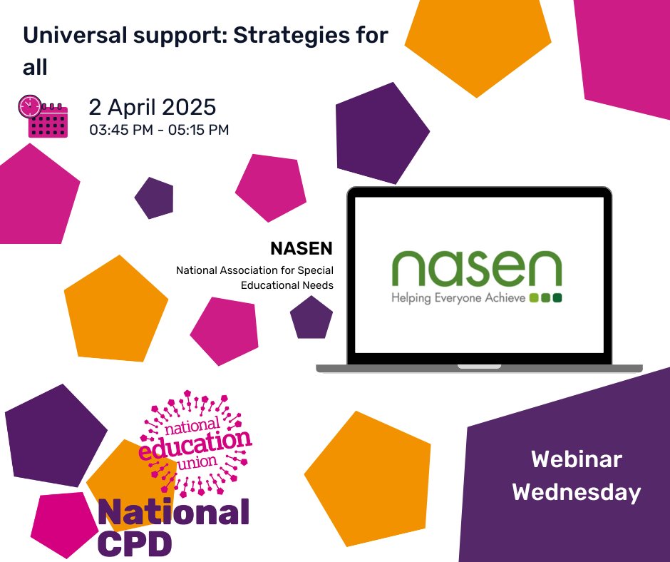NEU_CPD's tweet photo. 🔔This webinar explores inclusive strategies for all learners, including those with SEND, to support better classroom experiences and outcomes with @nasen_org
🔗https://t.co/z6qBZ22iMV
#CPDatNEU #SEND #supportintheclassroom #education #CPDatNEU #universalsupport https://t.co/hOPZrPjZis