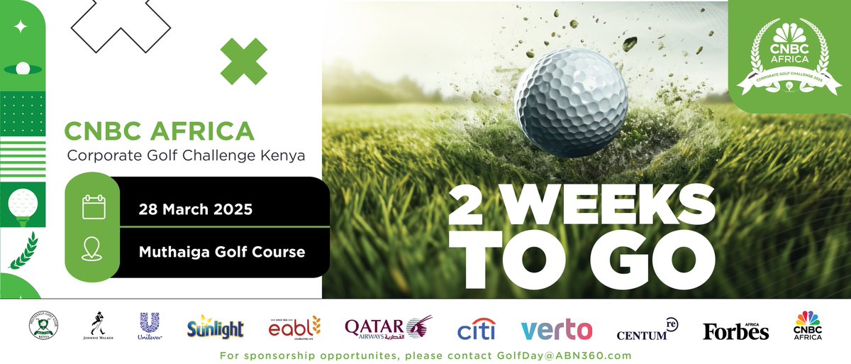 [EVENT] 🏌️‍♂️ 2 Weeks to Go! ⛳ for the CNBC Africa Corporate Golf Challenge Kenya at the prestigious Muthaiga Golf Course on 28 March 2025!
An incredible day of networking, competition, and fun.

A big thank you to our sponsors:
<a href="/Citi/">Citi</a> | @VertoFX | <a href="/CentumRE/">Centum Real Estate</a> | <a href="/qatarairways/">Qatar Airways</a> |