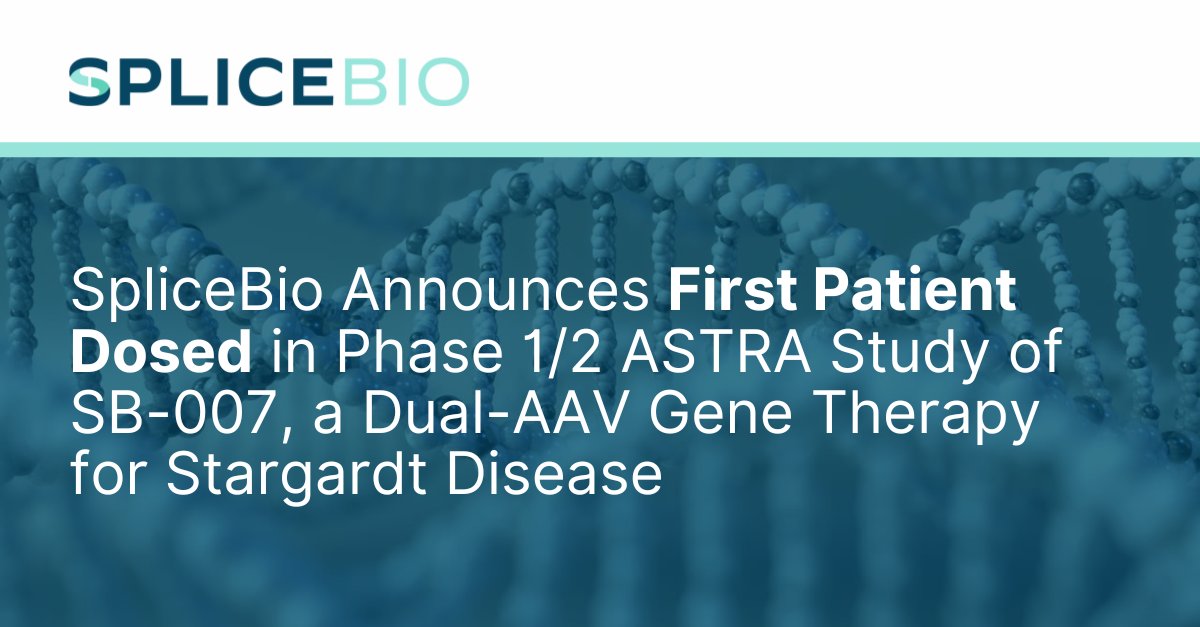 📰 <a href="/SpliceBioHQ/">SpliceBio</a> announces that the first patient has received the dose of their dual AAV gene therapy for #StargardtDisease, which is currently in clinical development.

Discover more about this innovative clinical study here 👉 splice.bio/splicebio-anno…