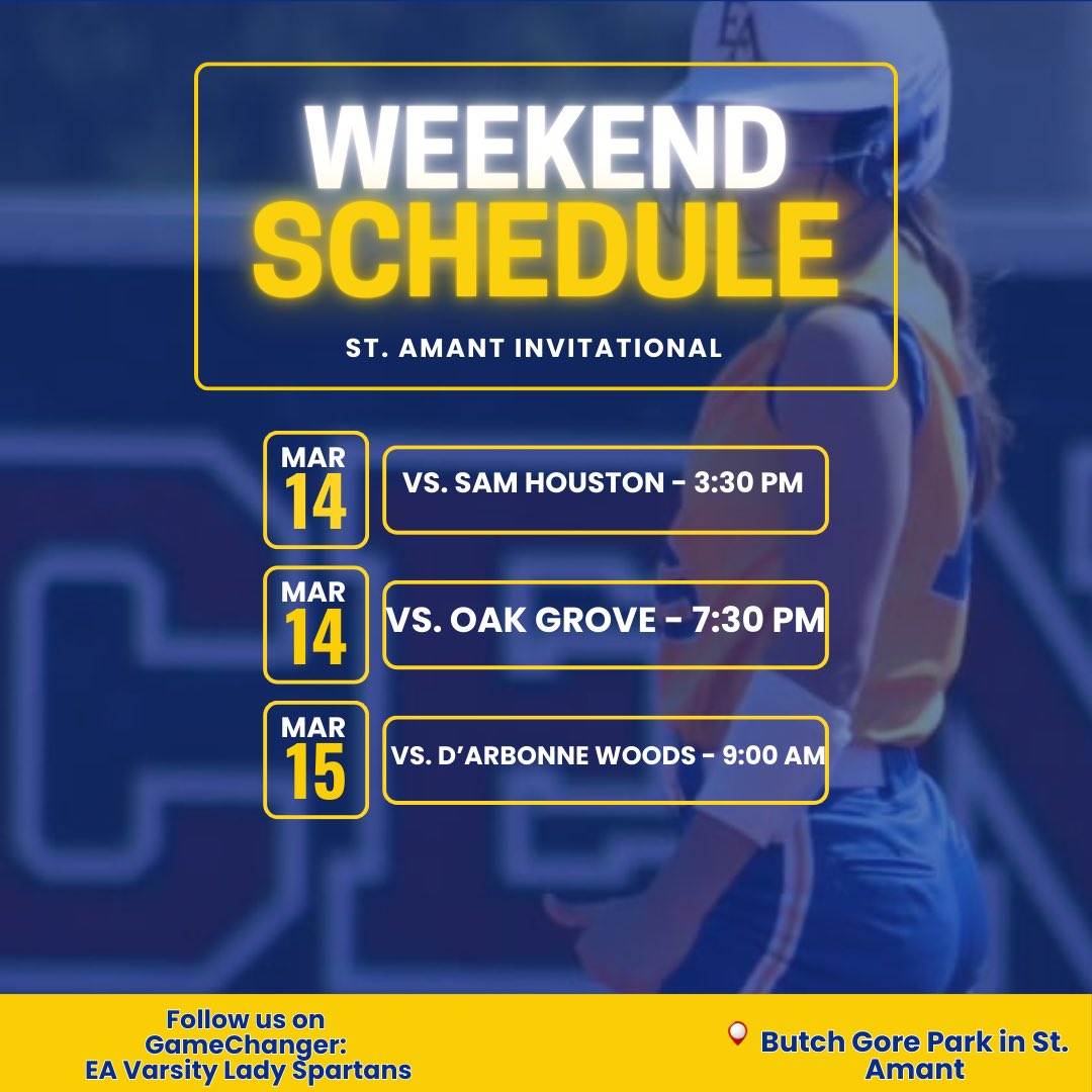 🥎🥎 WEEKEND SCHEDULE🥎🥎

Who doesn't love a weekend full of softball?? Head on out to Butch Gore Park today and tomorrow morning to catch your Lady Spartans in action!