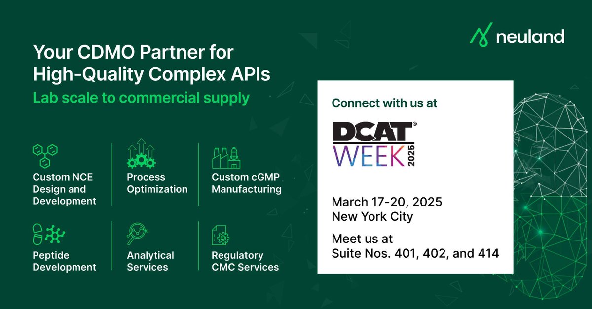 NeulandLabs's tweet photo. Neuland Labs at #DCATWeek 2025!
Visit Suite No. 401, 402 & 414 from March 17-20, as we connect with industry leaders to discuss the latest in API and peptide development and explore new collaborations.
See you next week at #DCAT2025
#NeulandLabs #DCATWeek #PharmAPI #Peptides https://t.co/mgSUstrPJE