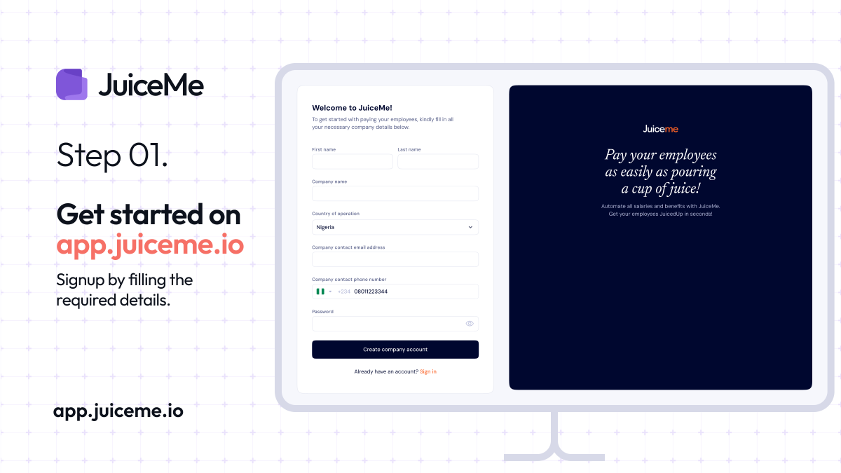 usejuiceme's tweet photo. Payroll stress? Not on our watch! ππΈ
With JuiceMe, you can onboard employees, process salaries, and send payslips straight to WhatsApp, among other benefits.
Follow the step-by-step guide and get started with Juiceme today.
#usejuiceme #JuiceMe #PayrollMadeEasy #HRTech https://t.co/w6Nu9aBrHi