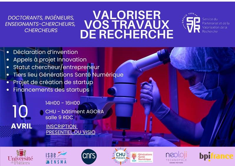 SPVR - Poitiers (@spvr_poitiers) on Twitter photo {Évènement}
Notre pôle Innovation co-organise une session d'information sur la valorisation des travaux de recherche ! 💡
Doctorants, ingénieurs, chercheurs... ➡️ rdv le 10/04 de 14h à 16h 📆 au <a href="/CHU_de_Poitiers/">CHU de Poitiers</a> ou en distanciel 💻
Inscription ▶️ univ-poitiers.fr/inscription-a-… {Évènement}
Notre pôle Innovation co-organise une session d'information sur la valorisation des travaux de recherche ! 💡
Doctorants, ingénieurs, chercheurs... ➡️ rdv le 10/04 de 14h à 16h 📆 au <a href="/CHU_de_Poitiers/">CHU de Poitiers</a> ou en distanciel 💻
Inscription ▶️ univ-poitiers.fr/inscription-a-…