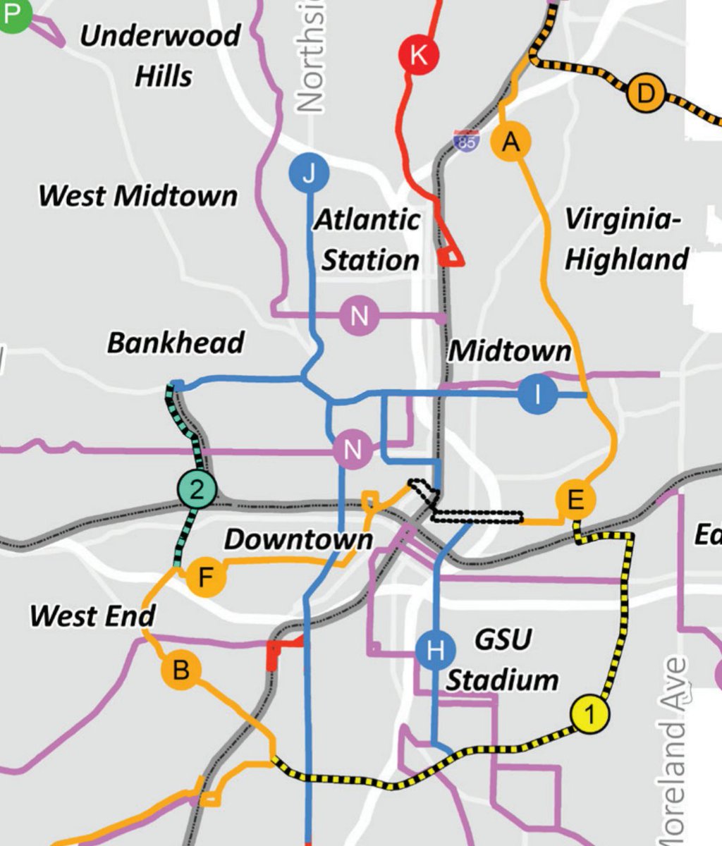 Bus Rapid Transit on North Avenue,  please. The current bus gets stuck in traffic &amp; struggles to accommodate Fulton Senior center riders. The original More MARTA spending plan had BRT on this street going to both sides of the Beltline (see "I" line in the image). Do it.