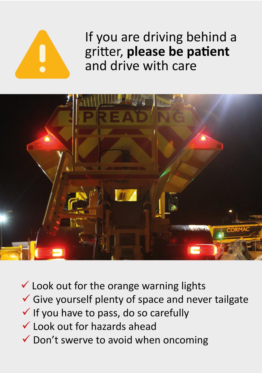 ❄️With road surface temperatures expected to drop below zero, the entire gritting fleet will be mobilised tonight at 9 pm.  

🐌We understand driving behind a slow-moving vehicle can be frustrating, but this is important for your safety and everyone on the road.