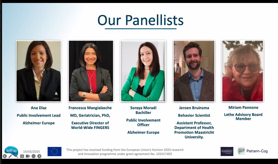 PatternCog's tweet image. The @lethe_project organised a webinar on #PublicInvolvement where Soraya Bachiller presented the @AlzheimerEurope position paper on risk disclosure, emphasising the work done with the @PatternCog advisory board. Thank you to everyone who joined☺️

#BrainAwarenessWeek @AD_RIDDLE