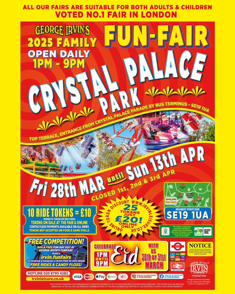We're returning to south London's beautiful <a href="/CrystalPalacePK/">Crystal Palace Park</a> from Fri 28th Mar to Sun 13th Apr with rides &amp; attractions for all ages. 

👀Save money by booking your ride tokens online in advance via link in bio!