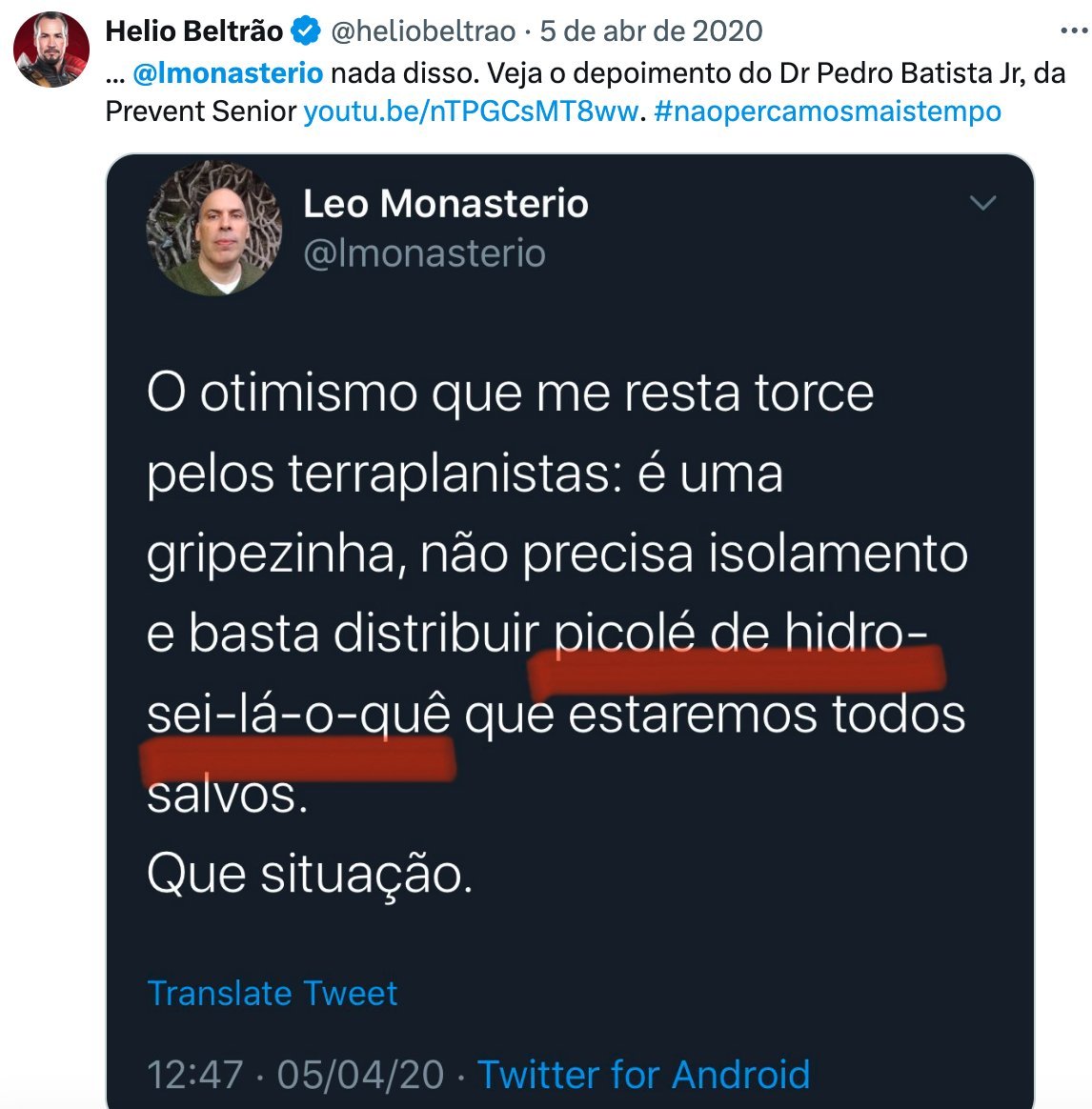 Leonardo Monasterio @lmonasterio.bsky.social (@lmonasterio) on Twitter photo Cinco anos atrás, <a href="/heliobeltrao/">Helio Beltrão</a> criticava o meu tuite desesperançoso e fazia propaganda da sua live com os cloroquiners da Prevent Senior. Não adianta clicar. Ele tirou o vídeo do ar antes da CPI Cinco anos atrás, <a href="/heliobeltrao/">Helio Beltrão</a> criticava o meu tuite desesperançoso e fazia propaganda da sua live com os cloroquiners da Prevent Senior. Não adianta clicar. Ele tirou o vídeo do ar antes da CPI