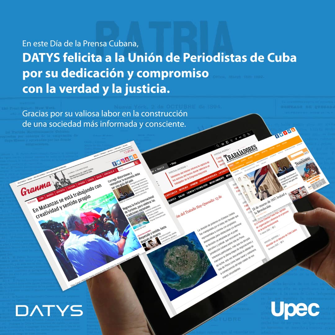 📢 ¡Felicidades en el Día de la Prensa Cubana! 🎉

Desde DATYS  💙, reconocemos la dedicación y el esfuerzo de todos los trabajadores de la prensa en Cuba🇨🇺🎙🗞, quienes cada día informan  con responsabilidad y profesionalismo.

#DíaDeLaPrensaCubana ✨