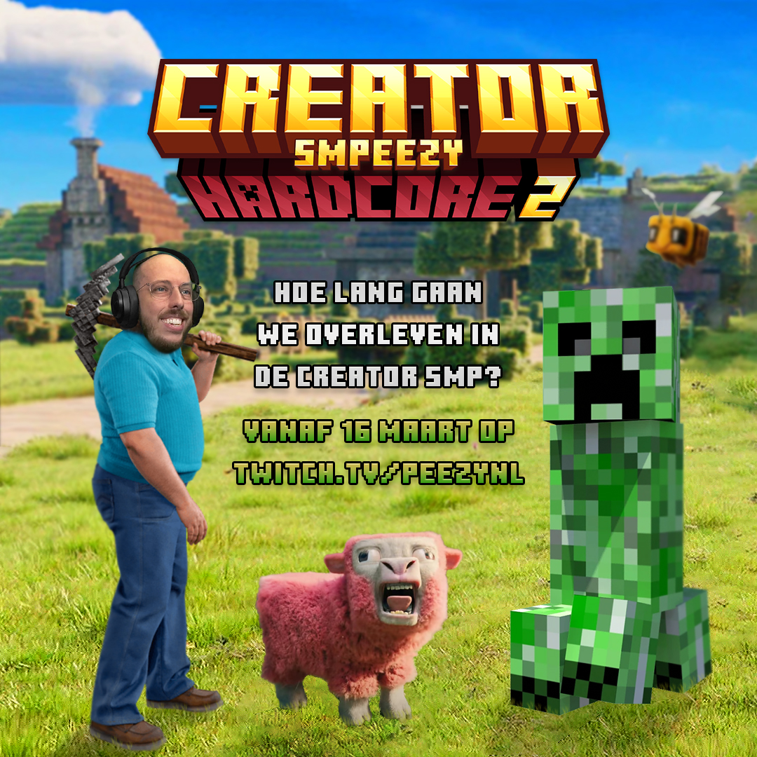 peezynl's tweet photo. Zondag 16 maart start de Creator SMP, waarin 60 creators de ultieme uitdaging aangaan: 3 weken Hardcore Minecraft overleven tot er nog maar 1 winnaar over is 💀

Overleef ik een uur, een week of haal ik de finale? Volg het avontuur - hoe kort of lang het ook duurt - op Twitch 💜 https://t.co/q39WjgP6GE