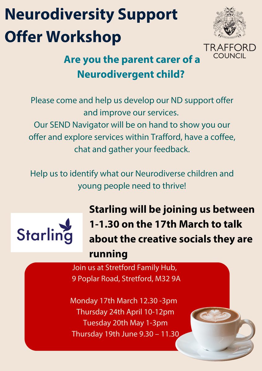 Join us for coffee and to discuss what our neurodiverse children need to thrive! ☕ Look at current support and share your views about the future. ️ ow.ly/3ta550VhWXi