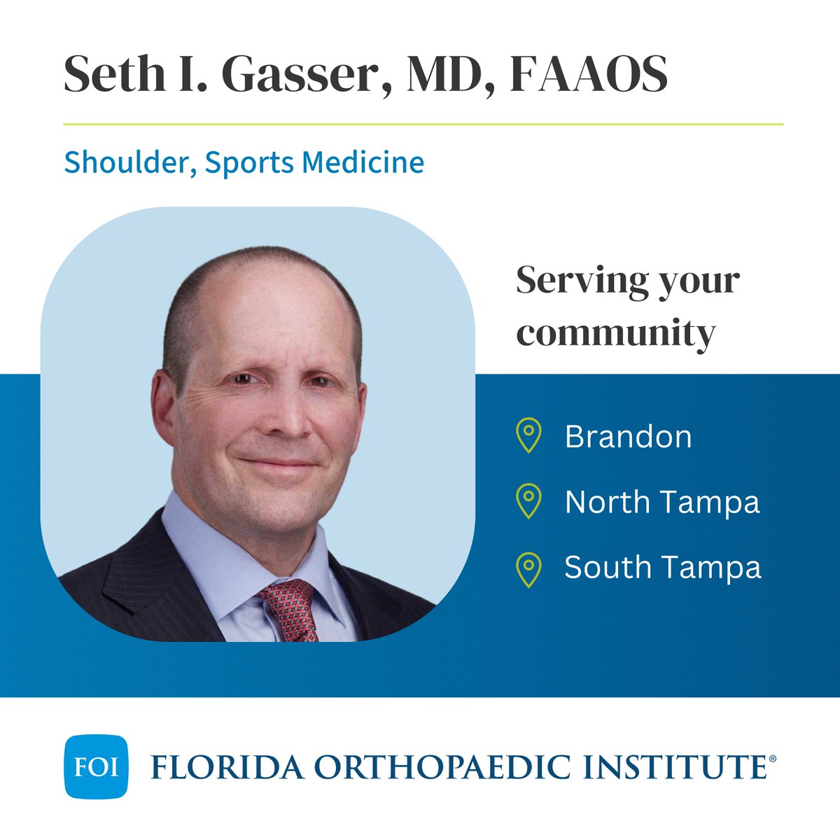 🔹 Meet Dr. Gasser🔹

Seth I. Gasser, MD, FAAOS, has been with Florida Orthopaedic Institute since 1993. Dr. Gasser is board-certified in Orthopaedic Surgery and holds an additional subspecialty certification in Sports Medicine. He has extensive experience in arthroscopic knee